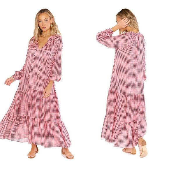 Show Me Your MuMu Birdie Ruffle Tiered Maxi Dress in Cherry Pie Gingham size XS - Picture 1 of 13